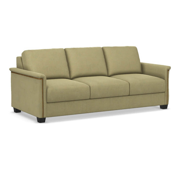 Omnia Leather Slofa The Retreat sleeper sofa with plush cushions and neutral fabric, showcasing its stylish, functional design