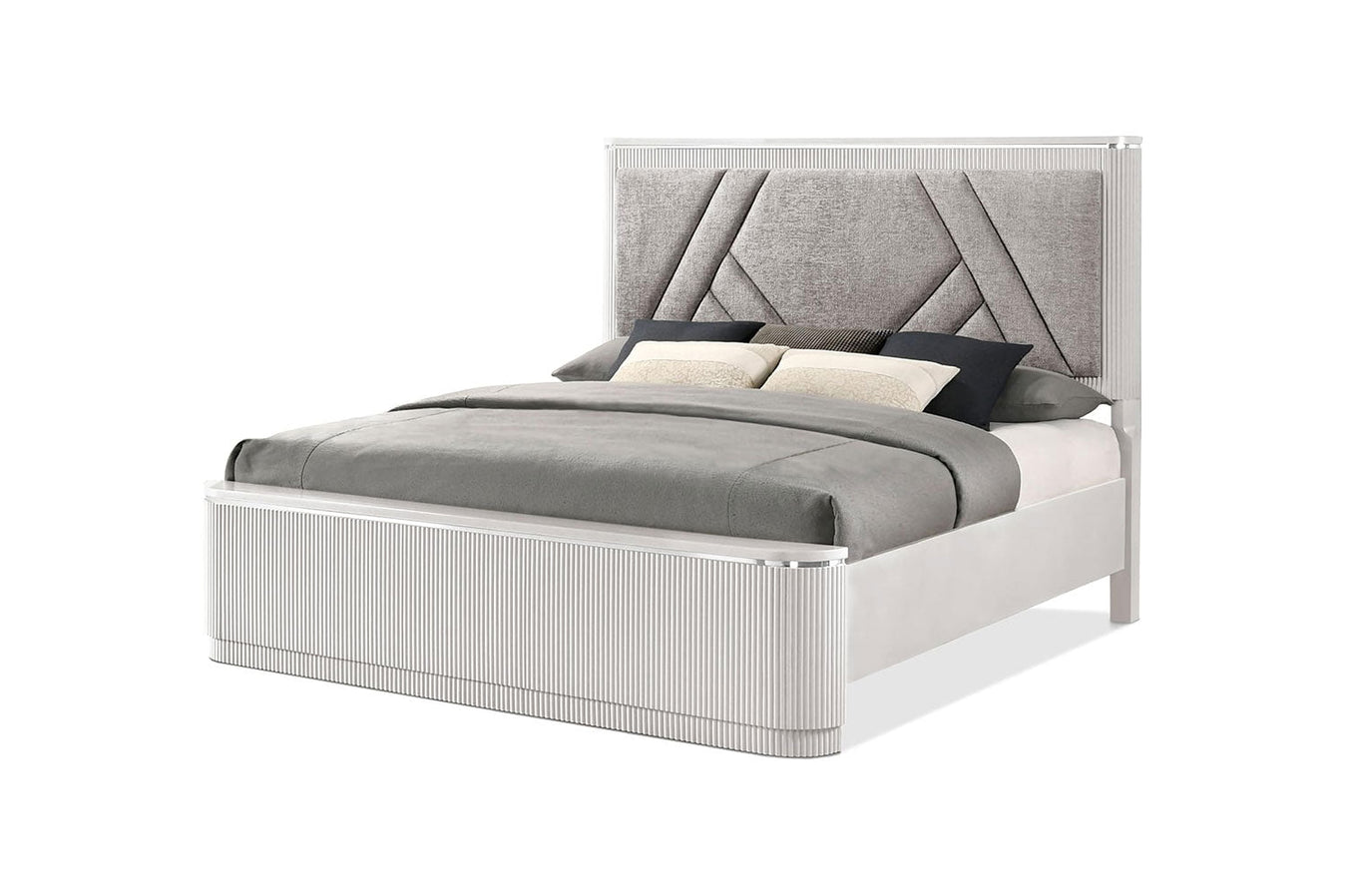 J & M Furniture Onyx Queen Bed in light grey with upholstered headboard and modern design, shown in a bedroom setting.