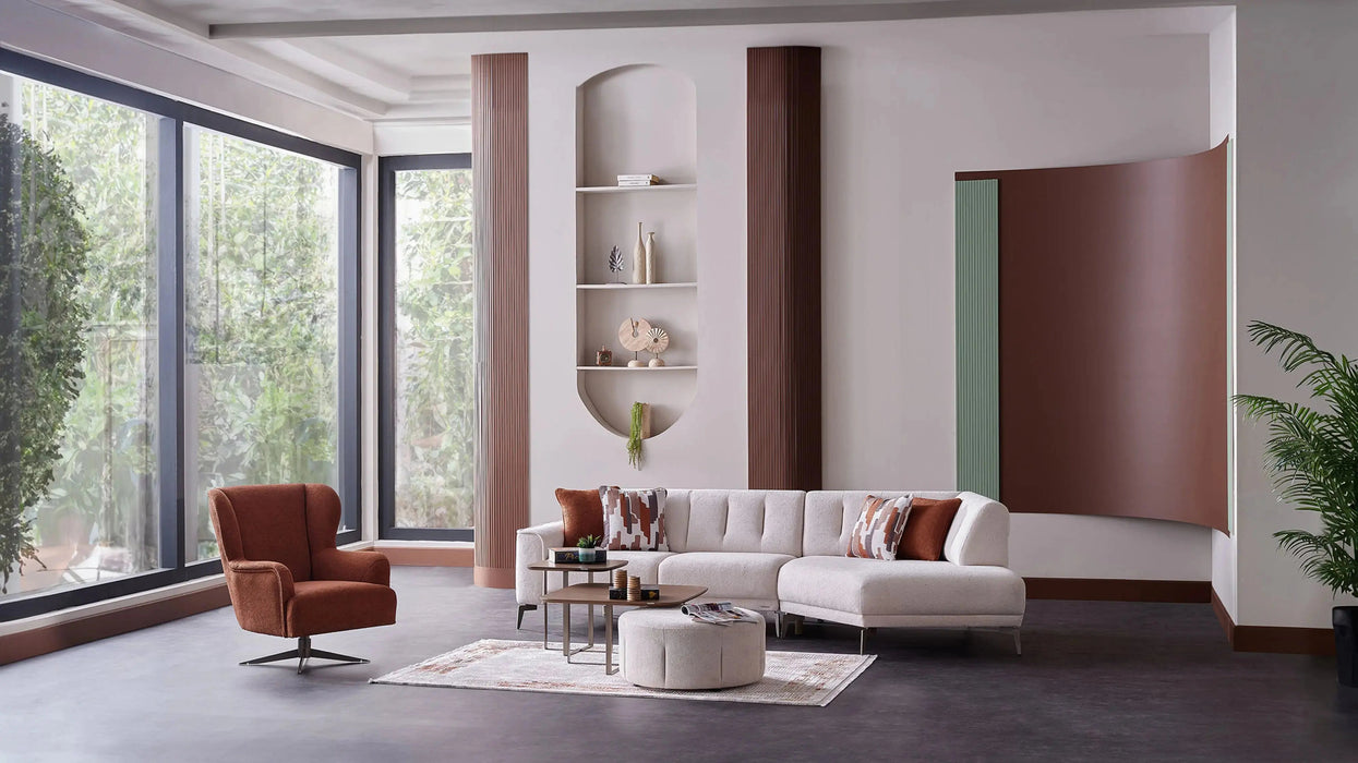 Bellona Atlanta sectional sofa with plush cushions and modern design, featuring neutral fabric upholstery for a stylish living room.