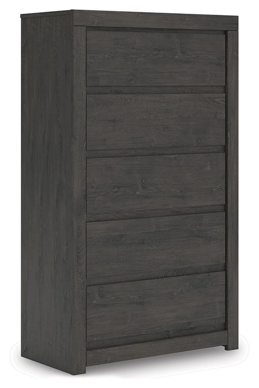 Charcoal Fraluna five-drawer accent chest by Signature Design by Ashley®, showcasing a modern furniture piece with sleek drawer handles.