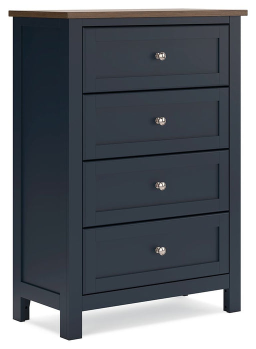 Four-drawer accent chest in brown and blue from Signature Design by Ashley, featuring a modern style and sleek wood finish.