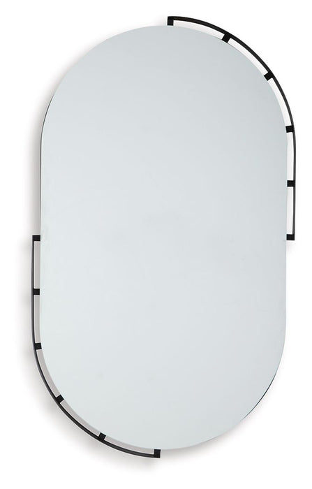 Black Valkings Accent Mirror by Signature Design by Ashley®, showcasing a sleek, round wall mirror with a modern black frame.