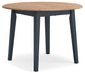 Round wooden dining table from Signature Design by Ashley, with drop leaf sides, ideal for dining rooms and casual gatherings.