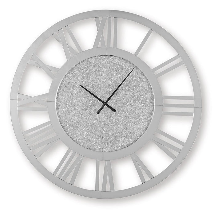 Signature Design by Ashley Reinport wall clock with mirror, round black frame and stylish modern design for home decor.