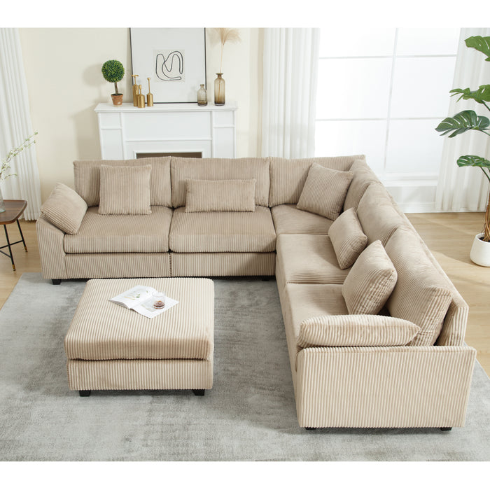Brown oversized modular sectional sofa by Z Furniture with deep-cushion corduroy upholstery, seating six in a modern living room setting.