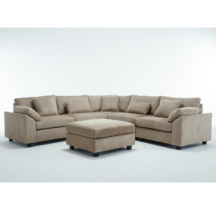 Brown oversized modular sectional sofa by Z Furniture featuring corduroy upholstery and deep, comfy seats for a living room.