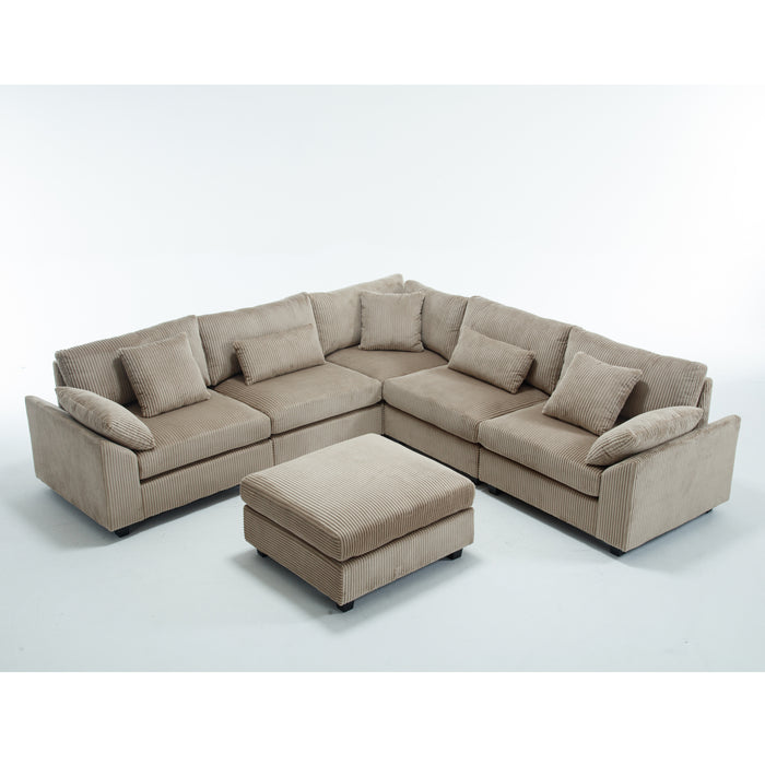 Brown oversized modular sectional sofa with deep corduroy upholstery, six-seat comfy couch for living room by Z Furniture.