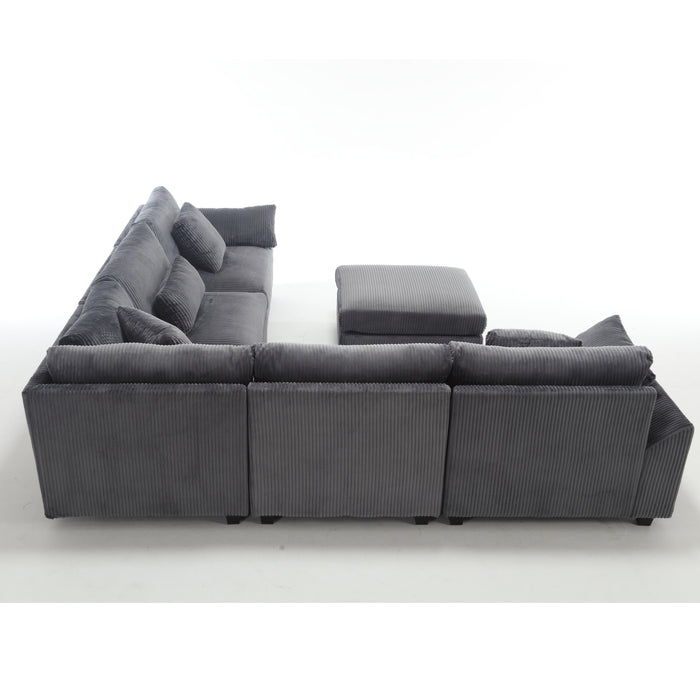 Dark gray oversized modular sectional sofa by Z Furniture, corduroy upholstered deep seat living room couch, comfortable and spacious.
