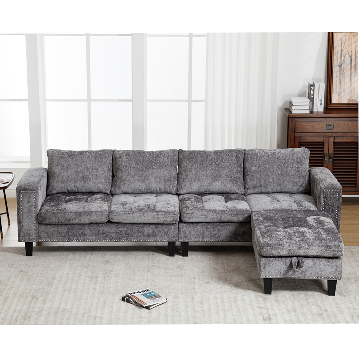 Gray 5-seat modular sectional sofa with storage ottoman, reversible chaise, chenille upholstery, by Z Furniture.