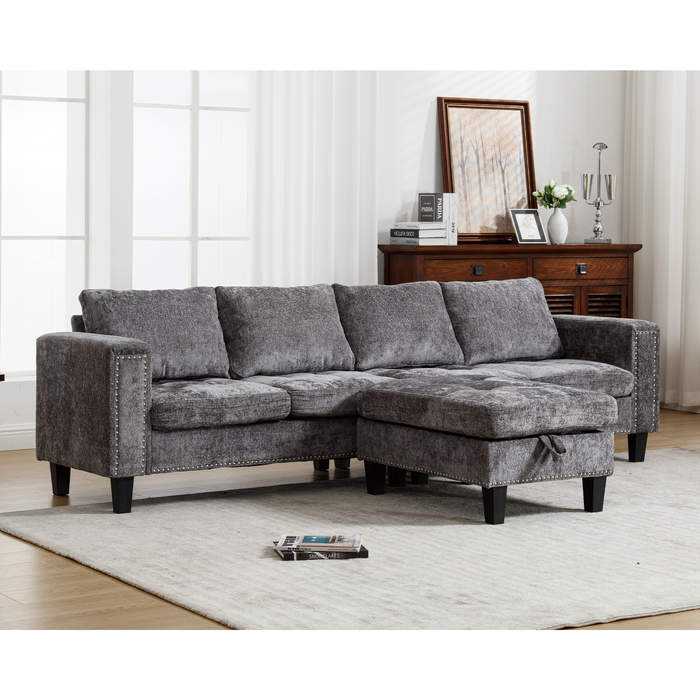 Gray 5-seat sectional sofa with storage ottoman, reversible chaise, and riveted chenille fabric by Z Furniture, modular L-shaped couch