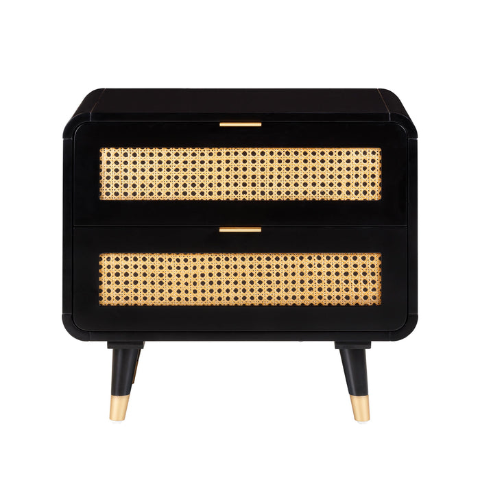 Black Christine accent nightstand by TOV Furniture with a sleek, modern design, featuring a single drawer and open shelf.