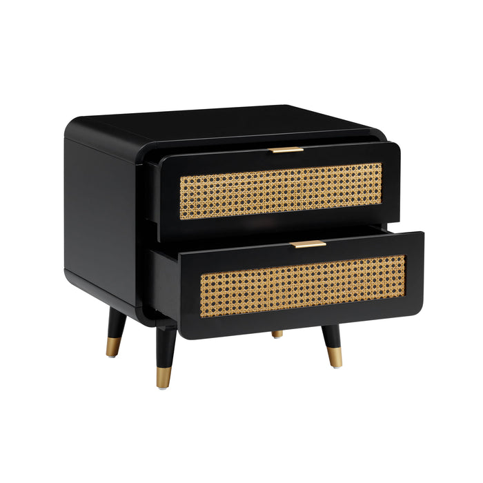 Black Christine accent nightstand by TOV Furniture with a sleek modern design and a single drawer, shown in a contemporary bedroom setting.