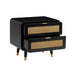 Black Christine accent nightstand by TOV Furniture with a sleek modern design and a single drawer, shown in a contemporary bedroom setting.