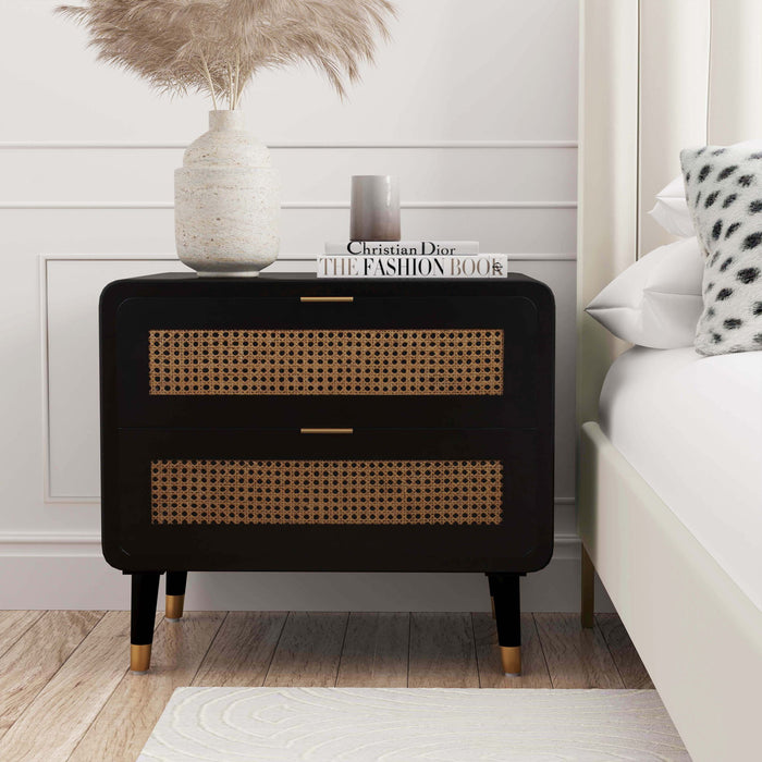Black Christine accent nightstand by TOV Furniture with a sleek, modern design and a single drawer for bedroom storage.