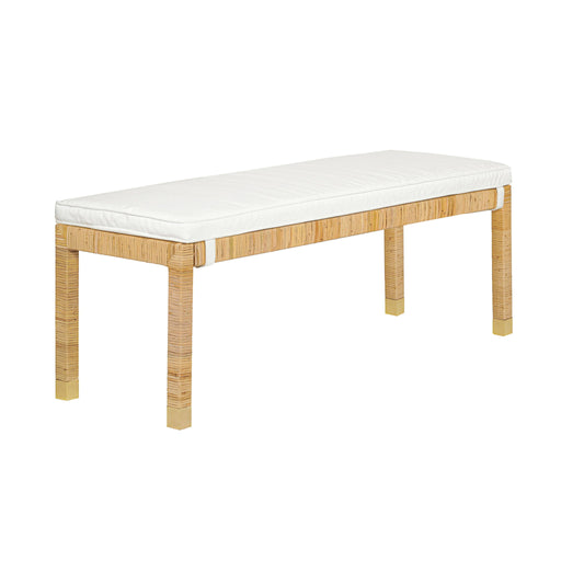 Upholstered woven rattan bench by TOV Furniture featuring a cushioned seat and natural rattan weave frame.