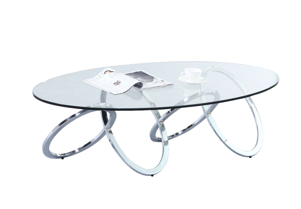 Chintaly 4036 Contemporary 30" x 54" Oval Glass Coffee Table w/ Multi-Ring Base
