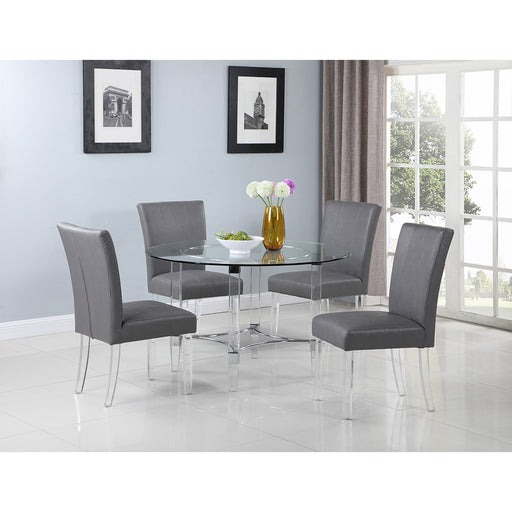 Chintaly 4038 Contemporary Dining Set w/ Round Glass Dining Table & Parson Chairs - Gray
