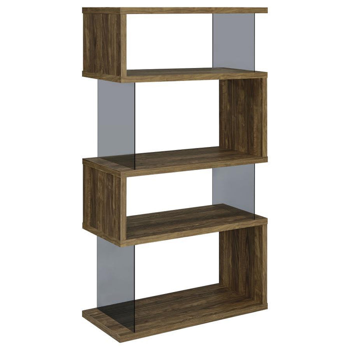 Emelle - 4-Shelf Bookcase With Glass Panels - Aged Walnut / Smoke