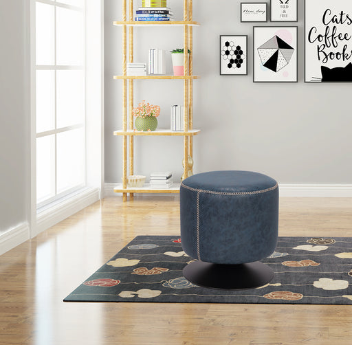 Chintaly 5035-OT Round Vintage Upholstered Ottoman - Blue