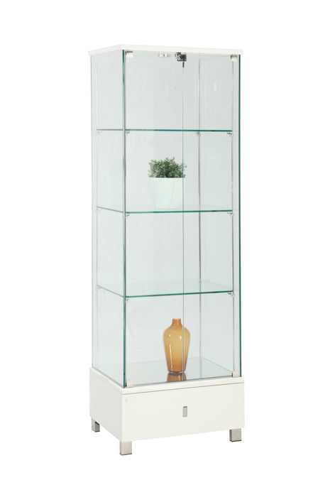 Chintaly 6628 CUR Contemporary Glass Curio w/ Shelves, Drawer & LED Lights - White