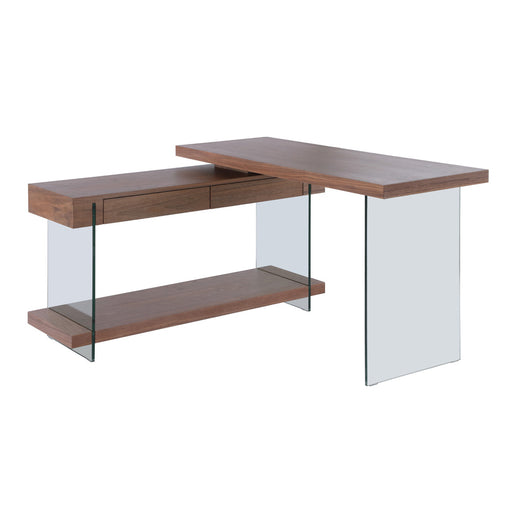 Chintaly 6920-DSK-WAL COMPUTER DESK Modern Rotatable Glass & Wooden Desk w/ Drawers & Shelf