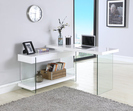 Chintaly 6920 COMPUTER DESK Modern Rotatable Glass & Wooden Desk w/ Drawers & Shelf
