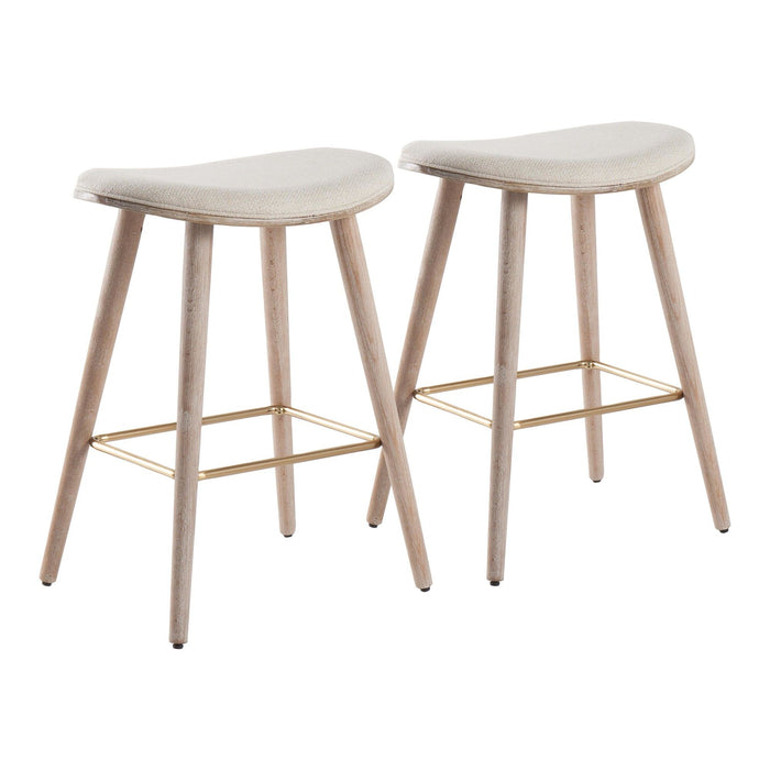 Saddle - 26" Counter Stool - White Washed Wood And Cream Fabric With Gold Metal (Set of 2)