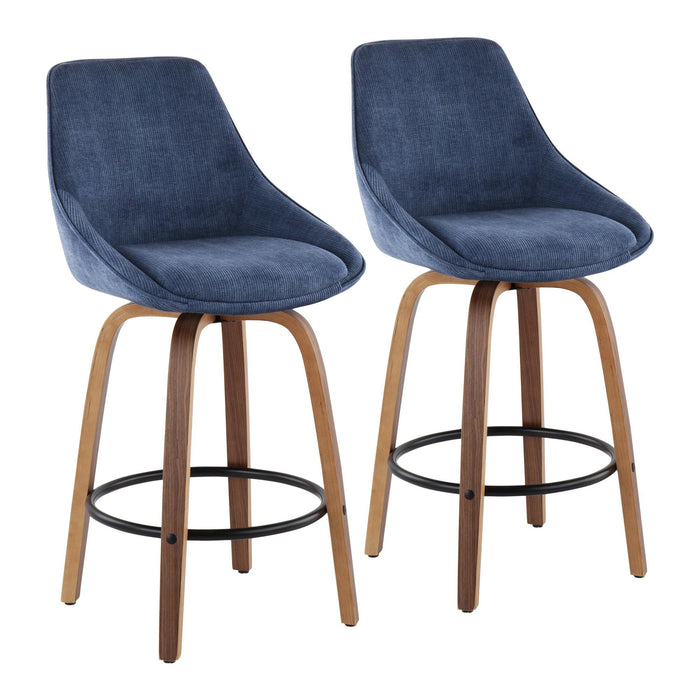 Diana - Counter Stool - Walnut Wood And Blue Corduroy With Black Round Footrest (Set of 2)
