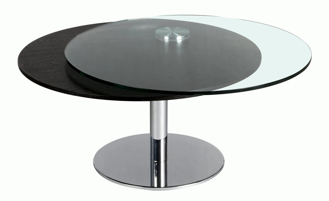Chintaly 8176 Contemporary Dual Round Top Motion Cocktail Table w/ Glass & Solid Wood Top