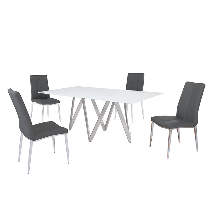 Chintaly ABIGAIL Modern Dining Set w/ White Glass Table & 4 Chairs