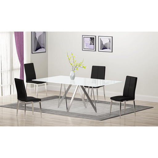 Chintaly ABIGAIL Modern Dining Set w/ White Glass Table & 4 Chairs - Black