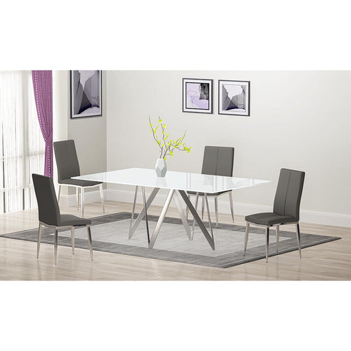 Chintaly ABIGAIL Modern Dining Set w/ White Glass Table & 4 Chairs - Gray