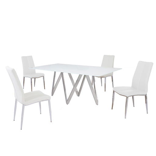 Chintaly ABIGAIL Modern Dining Set w/ White Glass Table & 4 Chairs - White