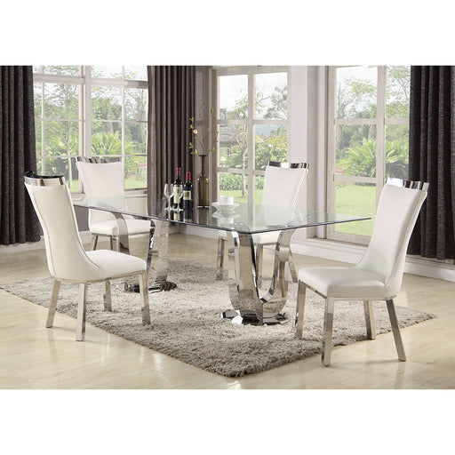 Chintaly ADELLE Contemporary Dining Set w/ Rectangular Glass Table & 4 White Chairs