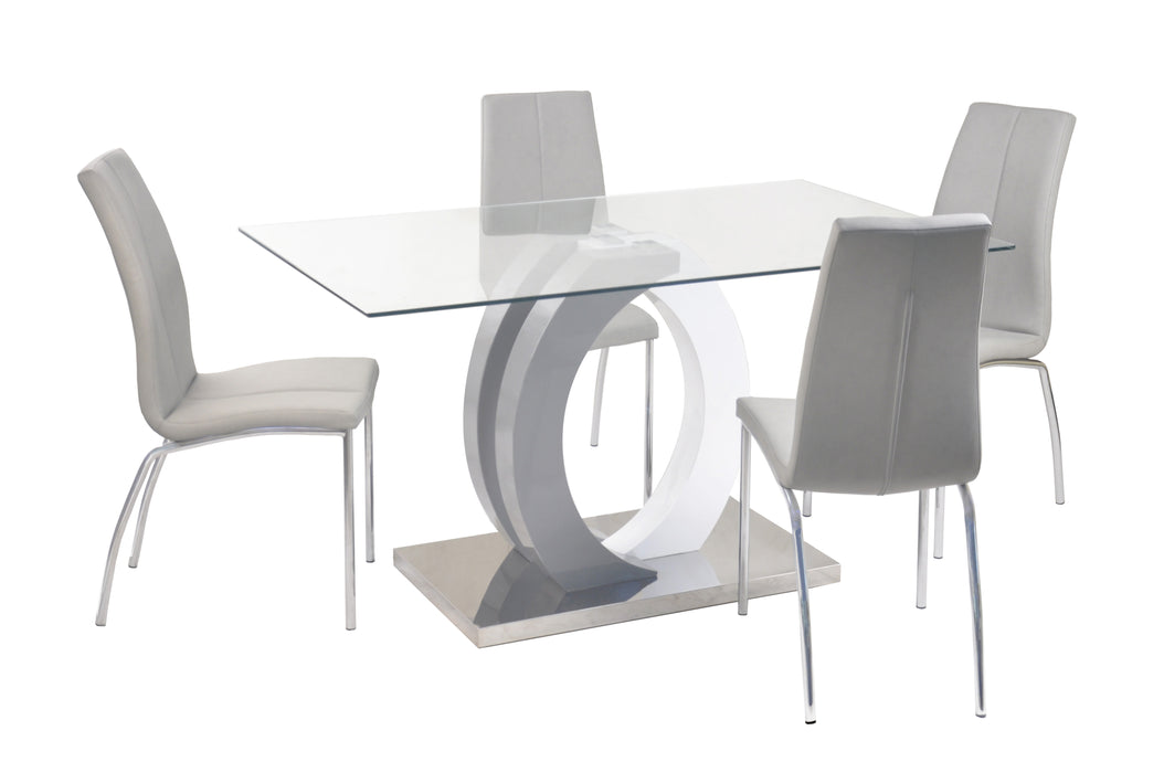 Chintaly BECKY Contemporary Dining Set w/ Glass Table, Wood & Steel Pedestal and 4 Chairs