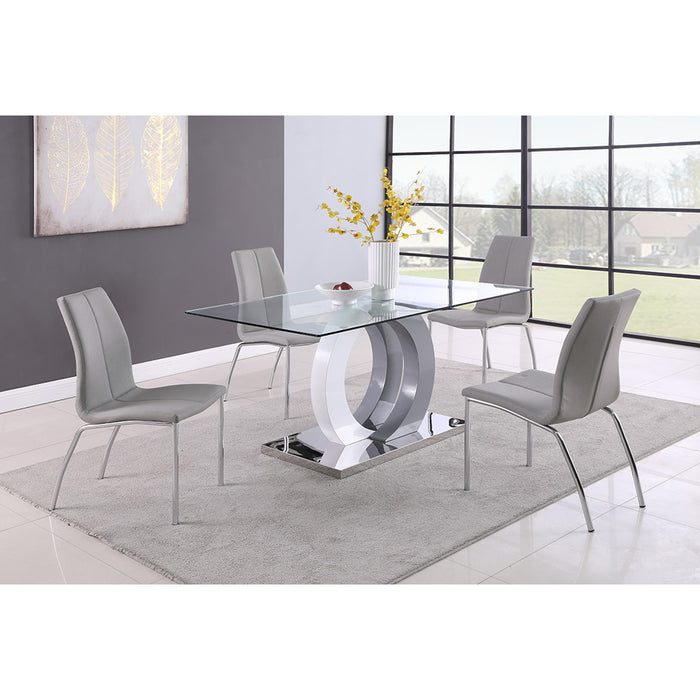 Chintaly BECKY Contemporary Dining Set w/ Glass Table, Wood & Steel Pedestal and 4 Chairs