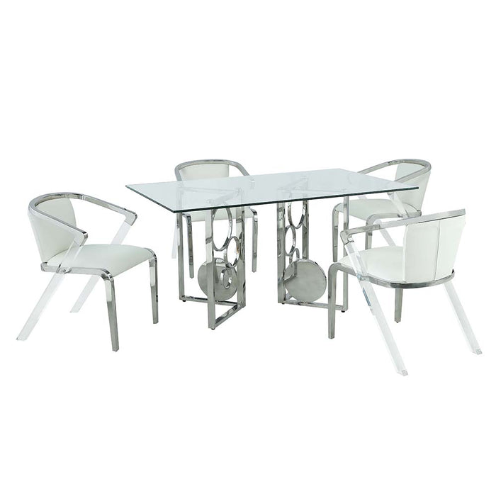 Chintaly BRUNA Contemporary Dining Set w/ 36" x 60" Glass Top Table & 4 Chairs