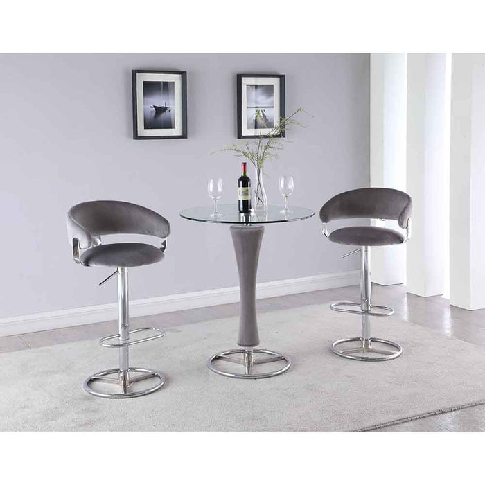 Chintaly DANIELLA Contemporary Pub Set w/ Round Glass Table, Upholstered Pedestal & 2 Stools
