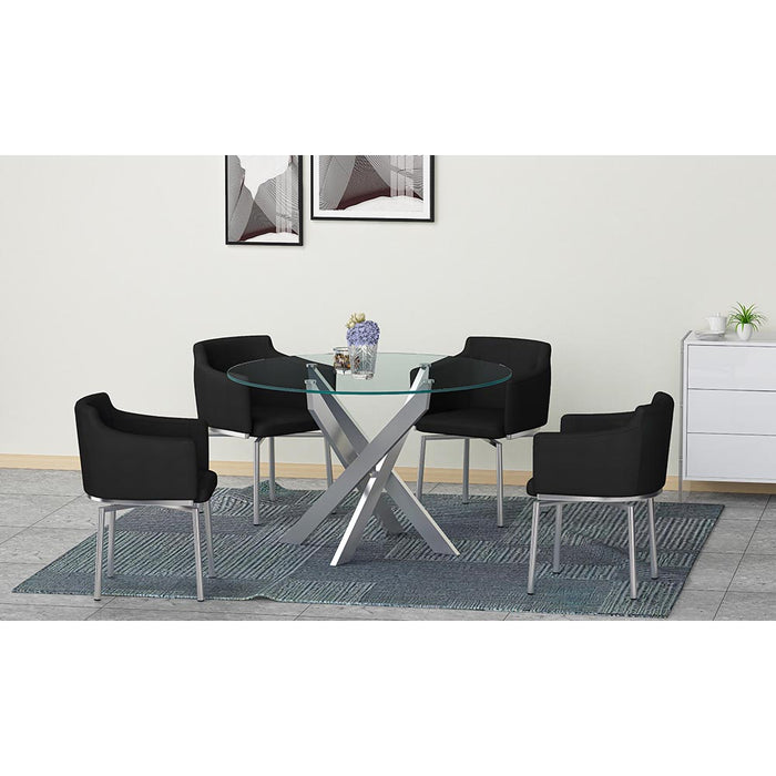 Chintaly DUSTY Dining Set w/ Round Glass Table & Swivel Club Chairs - Black