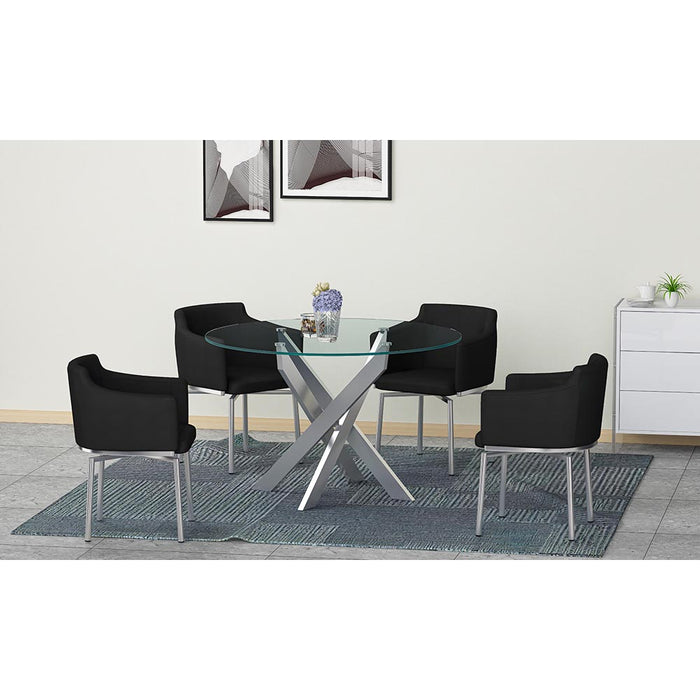 Chintaly DUSTY Dining Set w/ Round Glass Table & Swivel Club Chairs - Black
