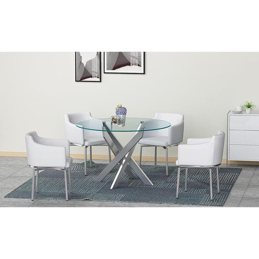 Chintaly DUSTY Dining Set w/ Round Glass Table & Swivel Club Chairs - White