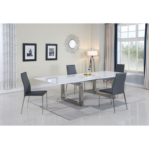 Chintaly EBONY Contemporary Dining Set w/ White Extendable Table & 4 Upholstered Chairs