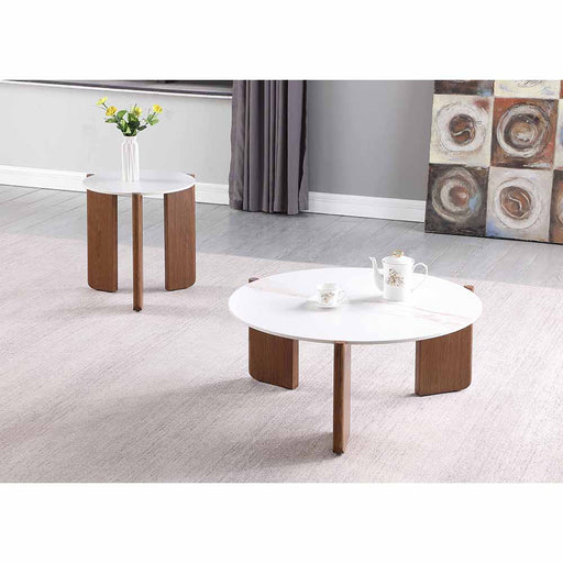 Chintaly ELISSA-OCC Marbleized Sintered Stone Top Lamp Table w/ Wooden Base