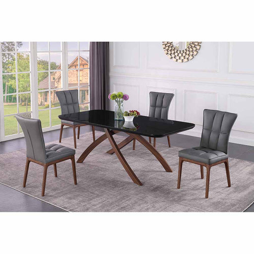Chintaly EMILY Dining Set w/ Black Glass Table & Tufted Solid Wood Legged Chairs - Gray