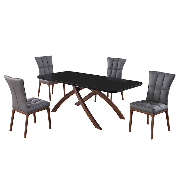 Chintaly EMILY Dining Set w/ Black Glass Table & Tufted Solid Wood Legged Chairs - Gray