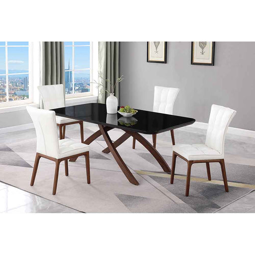 Chintaly EMILY Dining Set w/ Black Glass Table & Tufted Solid Wood Legged Chairs - White