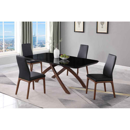 Chintaly EMILY Dining Set w/ Black Glass Table & 4 Solid Wood Chairs