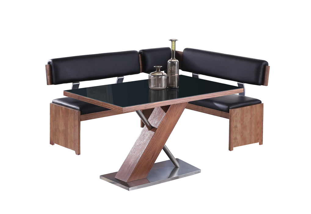 Chintaly EMMA Modern Set w/ Wooden & Black Glass Table & Nook