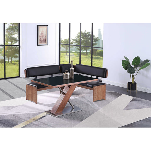Chintaly EMMA Modern Set w/ Wooden & Black Glass Table & Nook