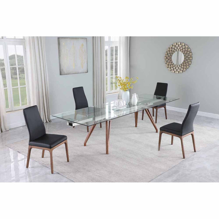 Chintaly ERIKA Modern Dining Set w/ Extendable Glass Table & Black Contour Back Upholstered Side Chairs